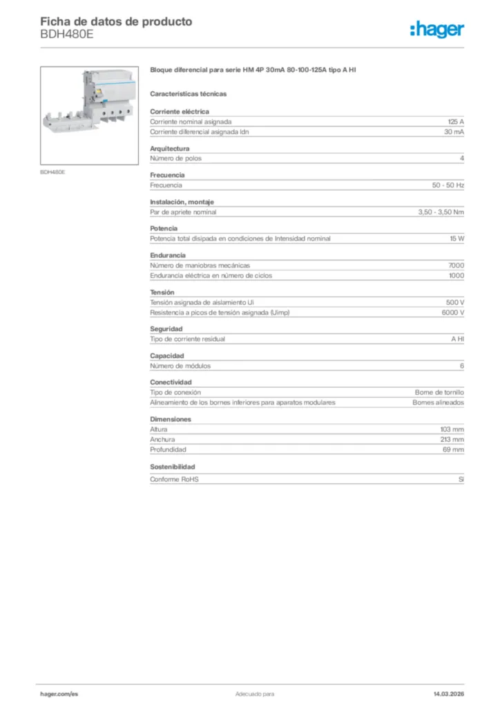 Imagen Hager Ficha de datos de producto BDH480E | Hager España
