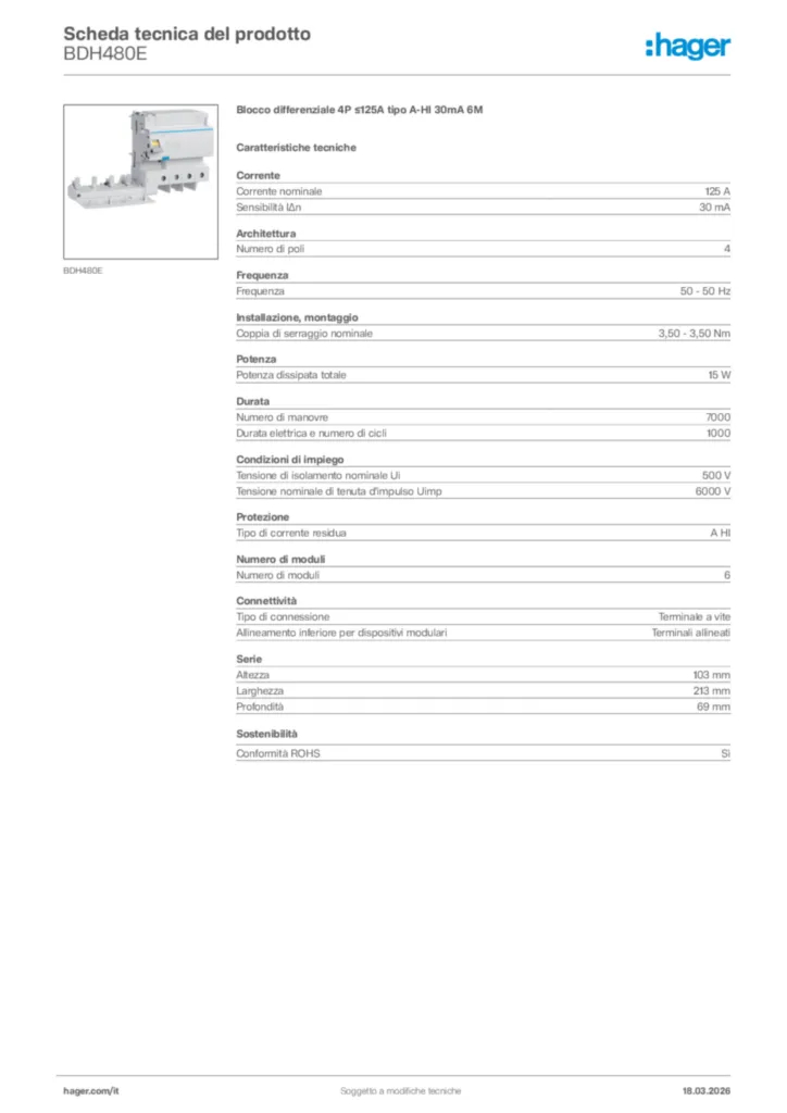 Immagine Hager Scheda tecnica del prodotto BDH480E | Hager Italia