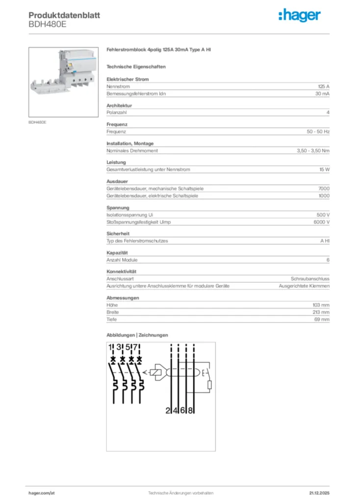 Bild Hager Produktdatenblatt BDH480E | Hager Deutschland