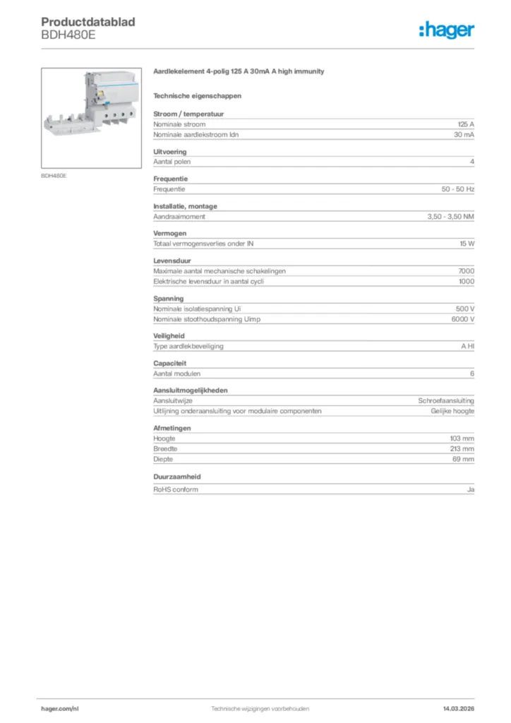 Afbeelding Hager Productdatablad BDH480E | Hager Nederland
