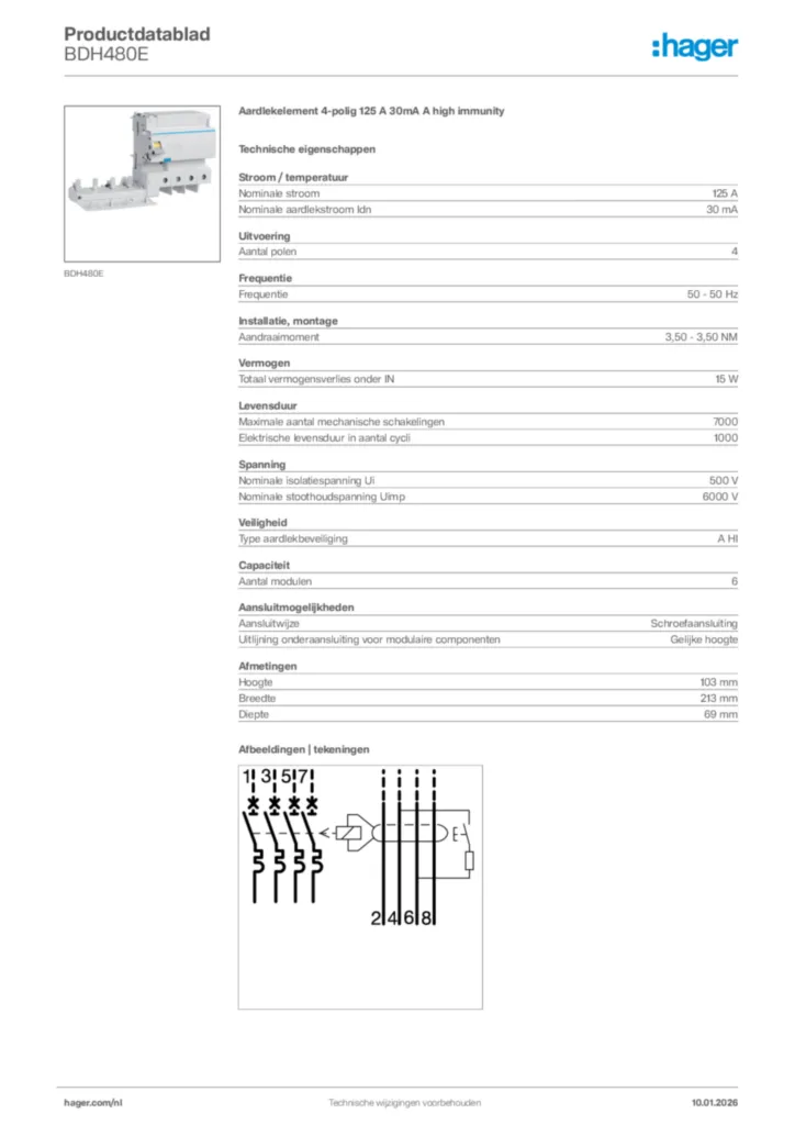 Afbeelding Hager Productdatablad BDH480E | Hager Nederland