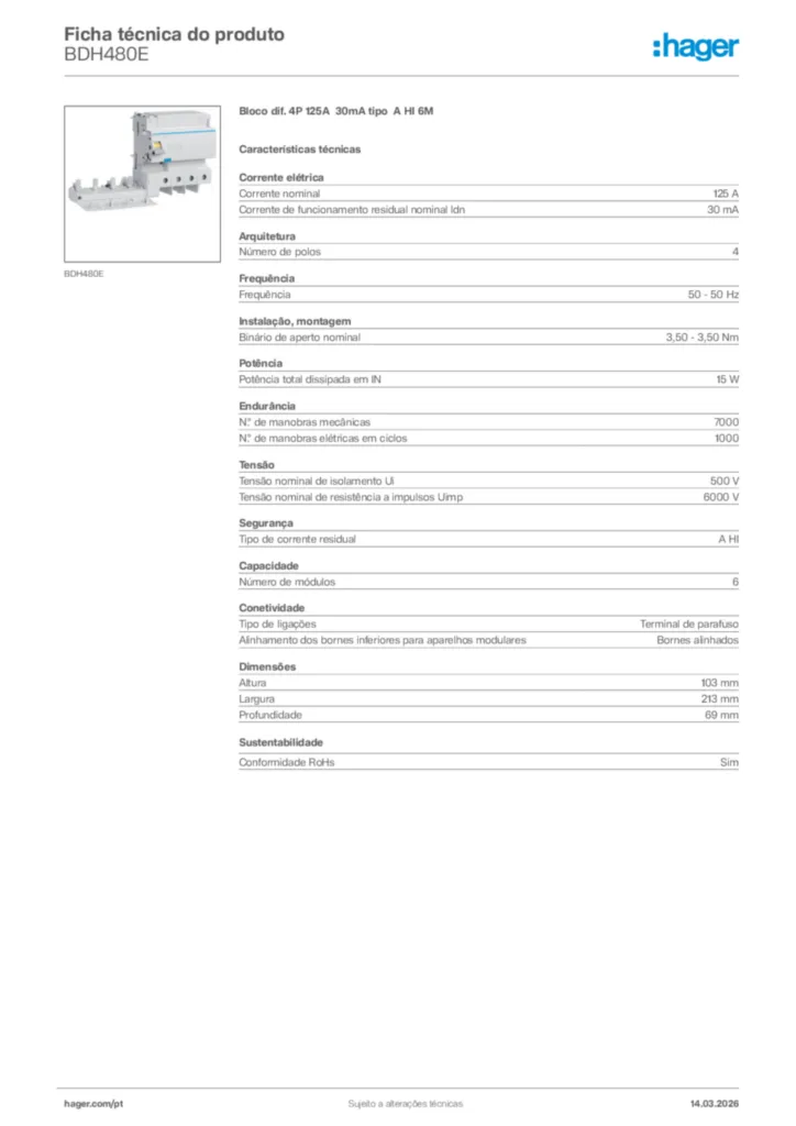 Imagem Hager Ficha técnica do produto BDH480E | Hager Portugal