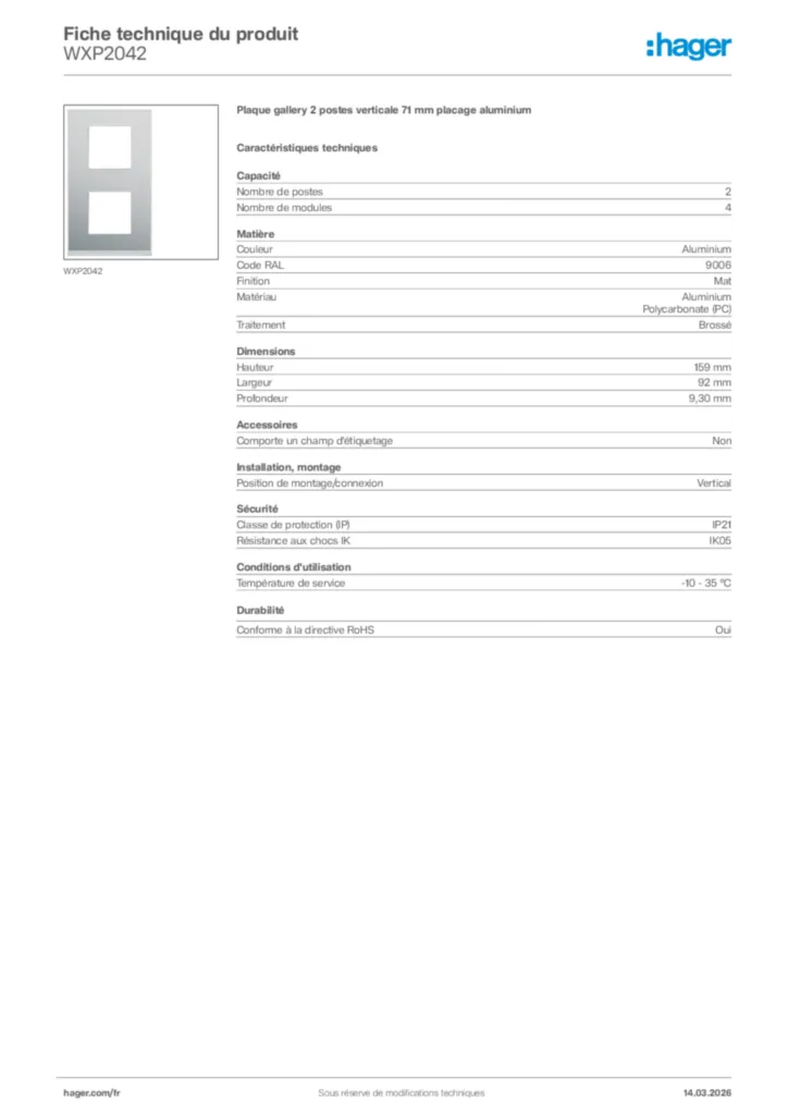 Image Hager Fiche technique du produit WXP2042 | Hager France