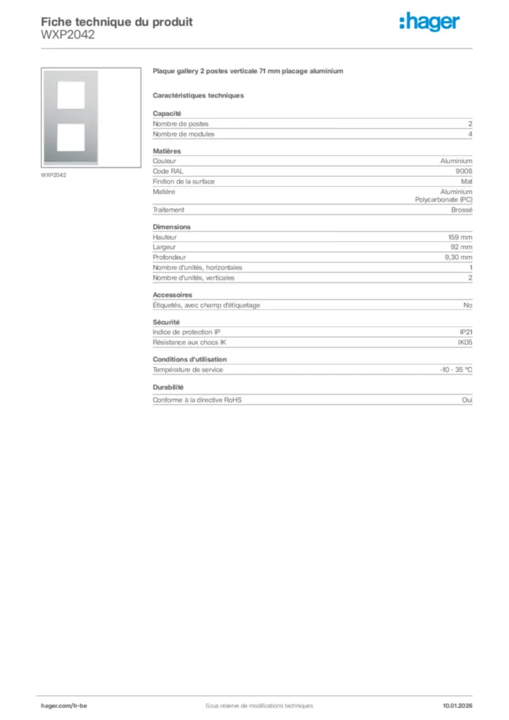 Image Hager Fiche technique du produit WXP2042 | Hager Belgique