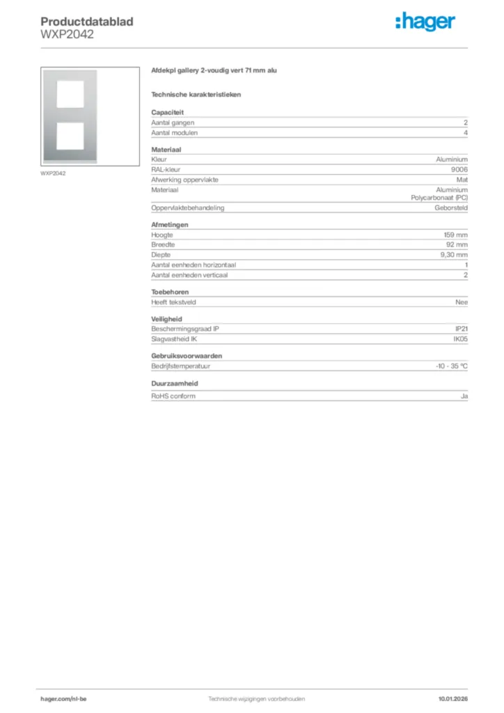 Afbeelding Hager Productdatablad WXP2042 | Hager Belgium