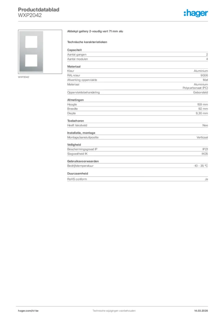 Afbeelding Hager Productdatablad WXP2042 | Hager Belgium