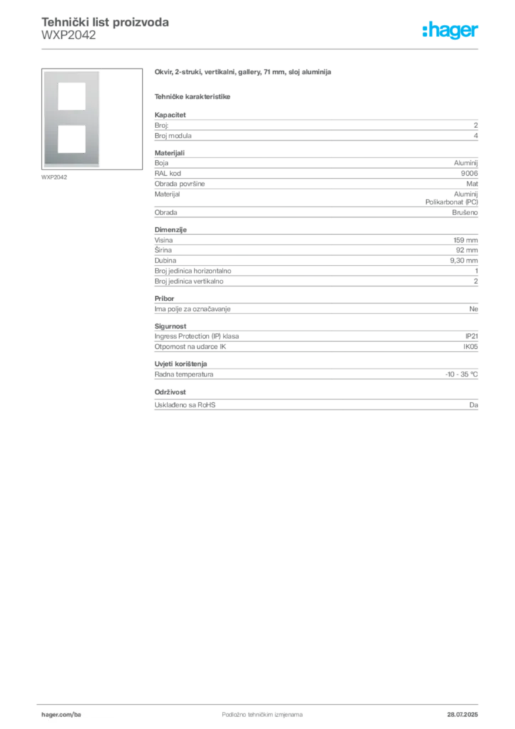 Slika Hager Product data sheet WXP2042  | Hager
