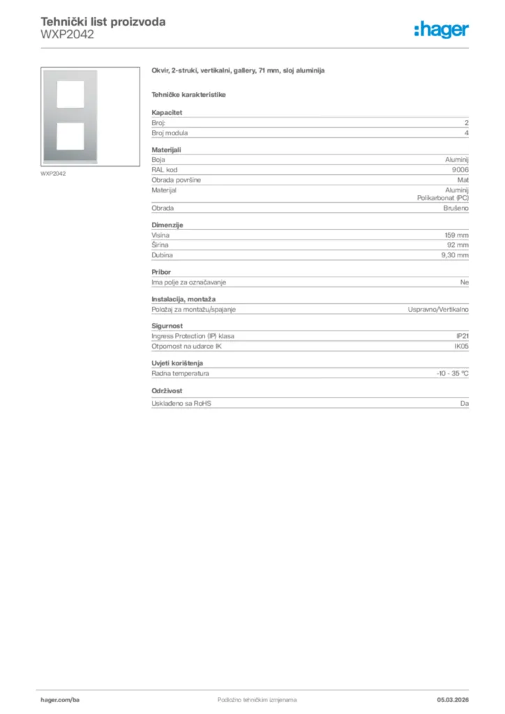 Slika Hager Tehnički list proizvoda WXP2042  | Hager