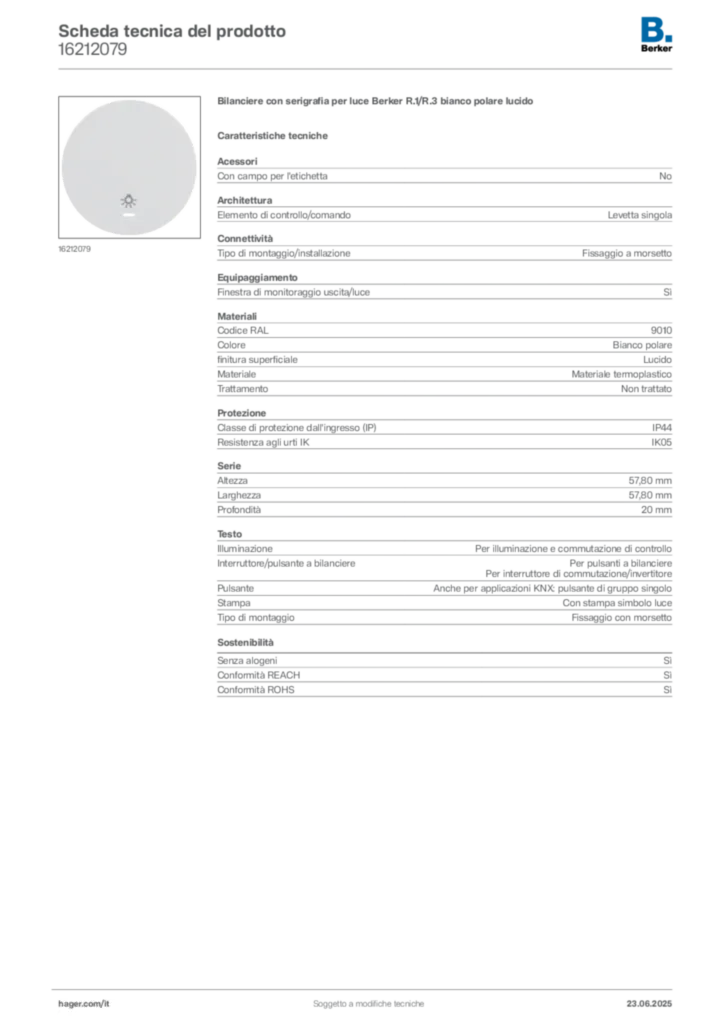 Immagine Berker Scheda tecnica del prodotto 16212079 | Hager Italia
