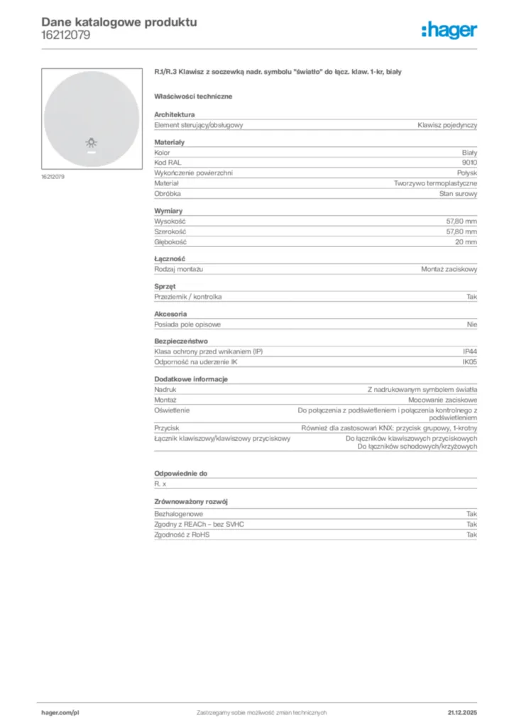 Zdjęcie Hager Dane katalogowe produktu 16212079 | Hager Polska