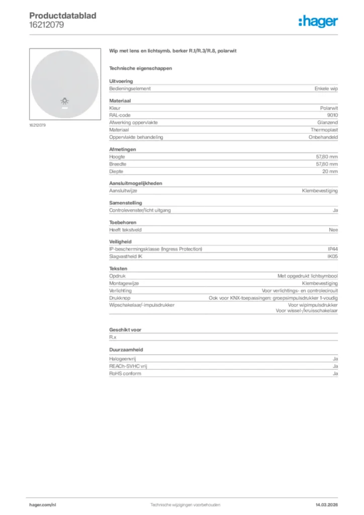 Afbeelding Hager Productdatablad 16212079 | Hager Nederland