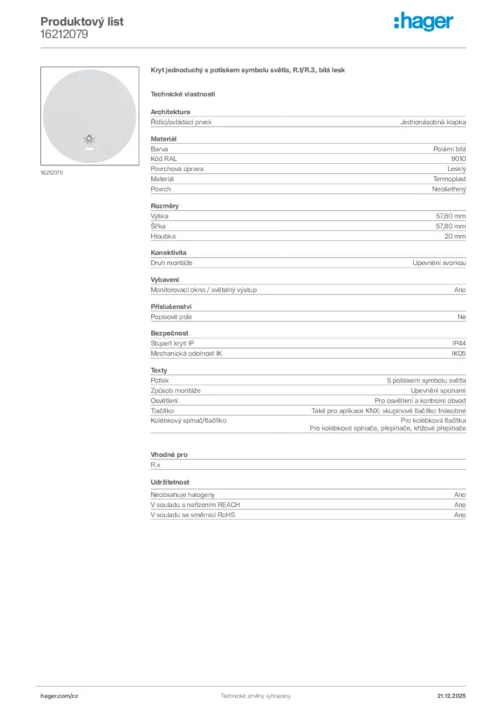 Obrázek Hager Produktový list 16212079 | Hager