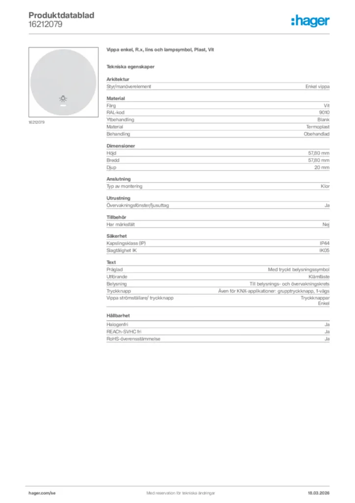 Bild Hager Produktdatablad 16212079 | Hager Sverige