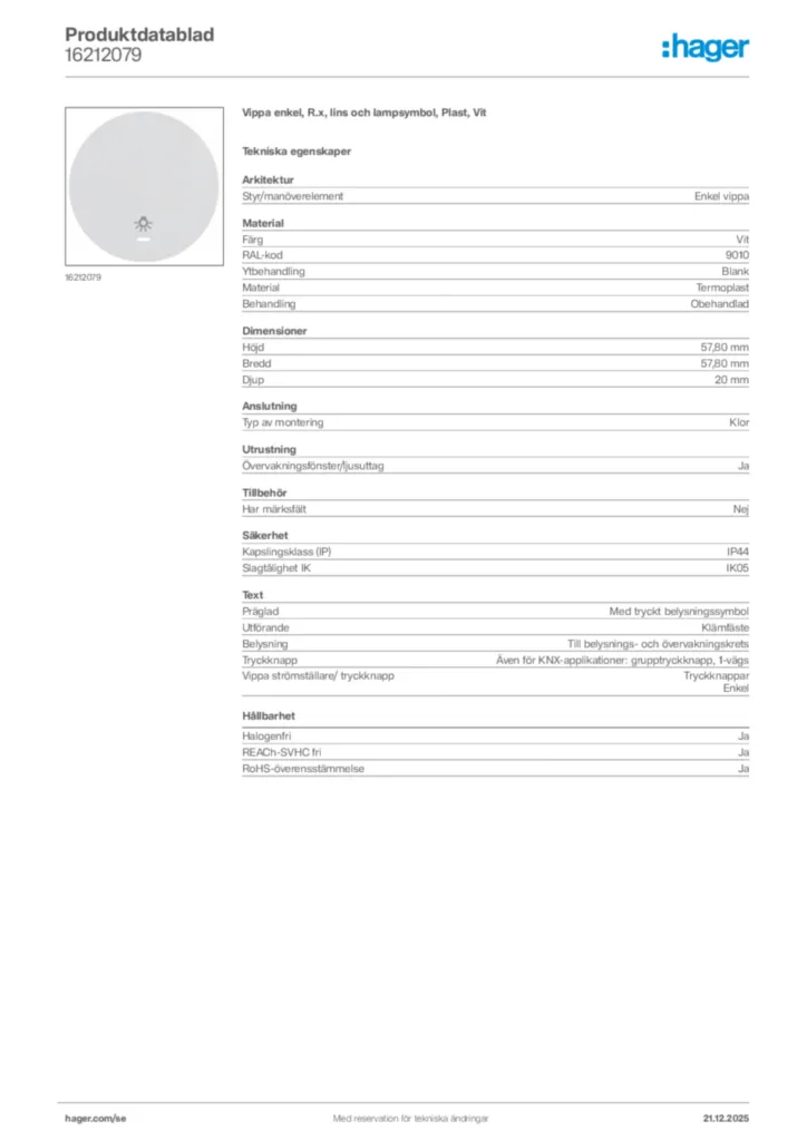 Bild Hager Produktdatablad 16212079 | Hager Sverige