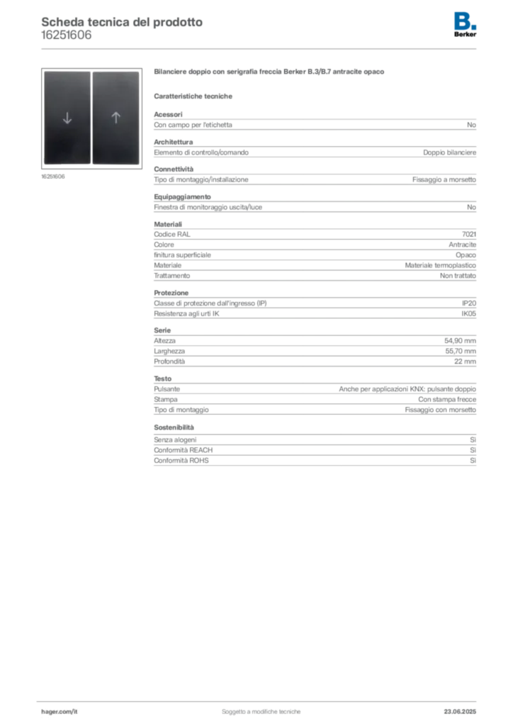 Immagine Berker Scheda tecnica del prodotto 16251606 | Hager Italia