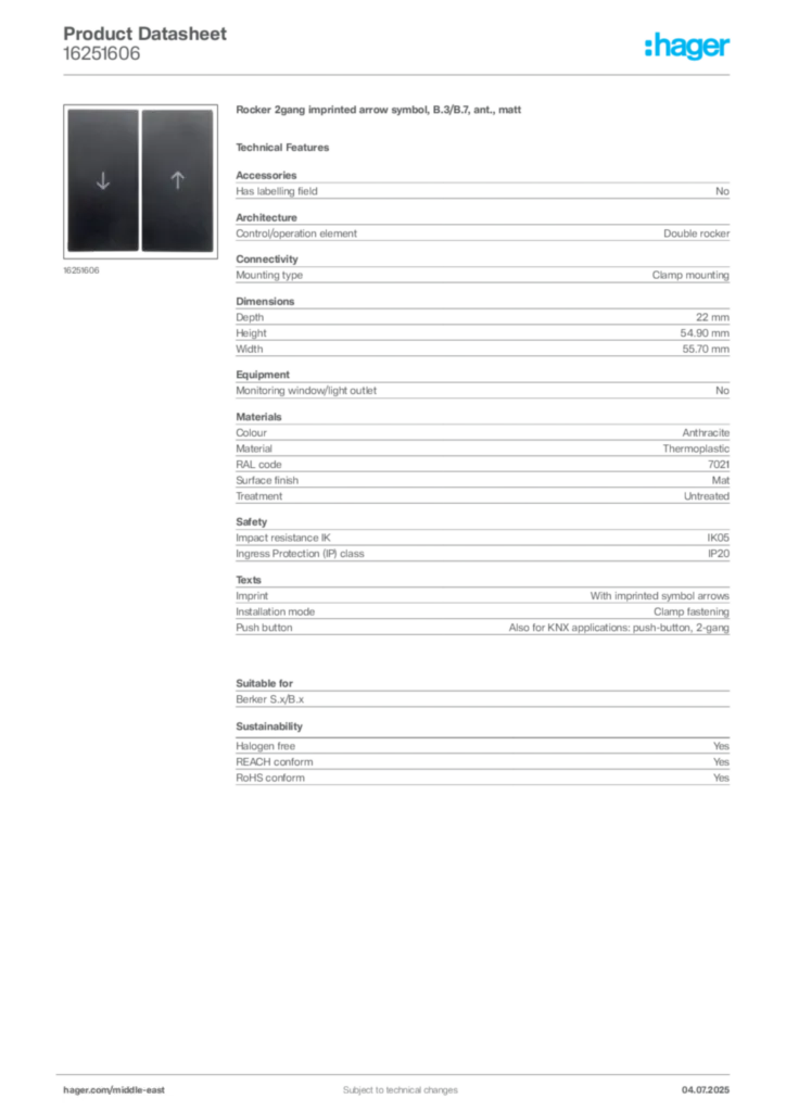 Image Hager Product data sheet 16251606  | Hager