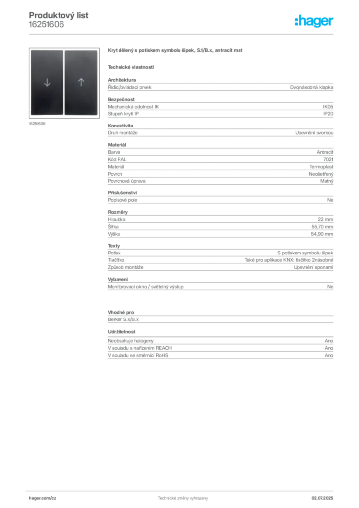 Obrázek Hager Produktový list 16251606 | Hager