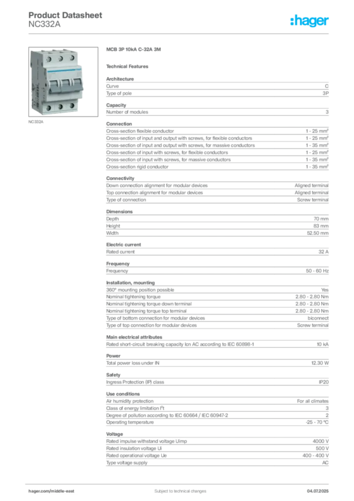 Image Hager Product data sheet NC332A  | Hager