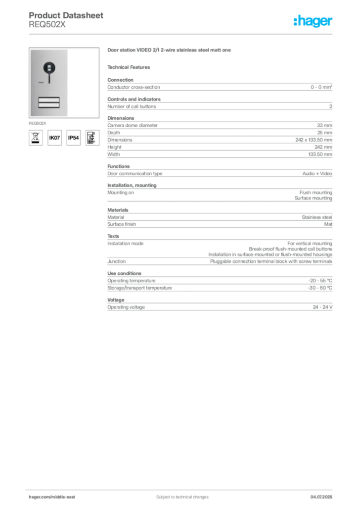 Image Hager Product data sheet REQ502X  | Hager
