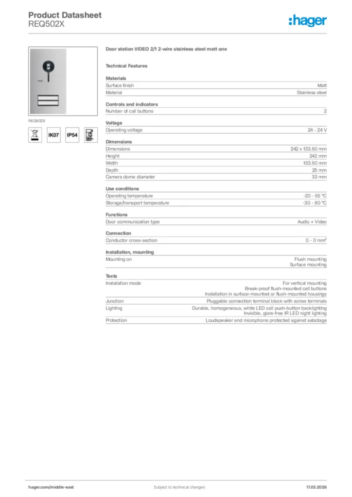 Image Hager Product data sheet REQ502X  | Hager