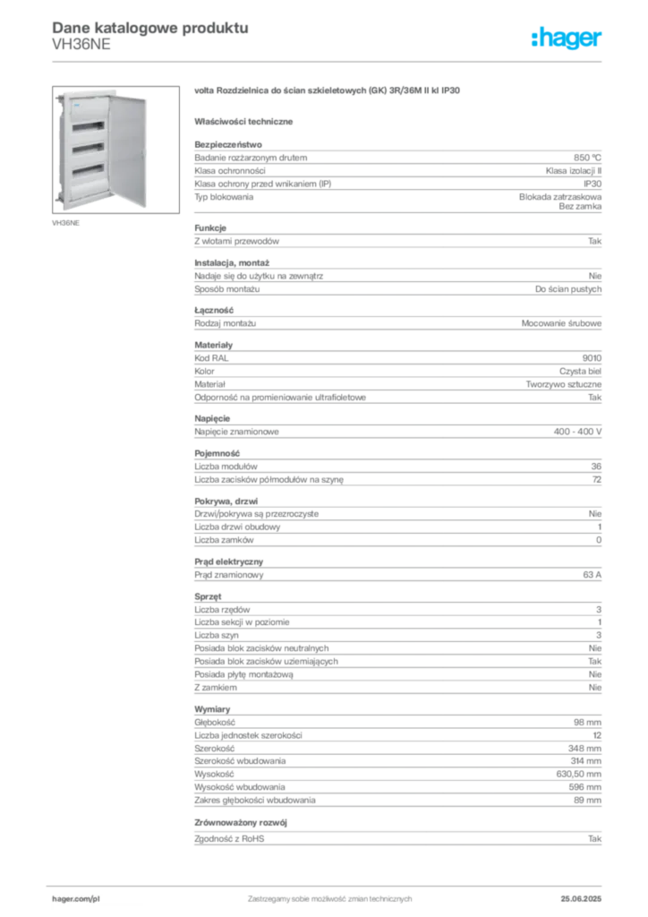 Zdjęcie Hager Dane katalogowe produktu VH36NE | Hager Polska