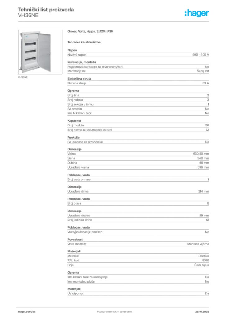 Slika Hager Product data sheet VH36NE  | Hager
