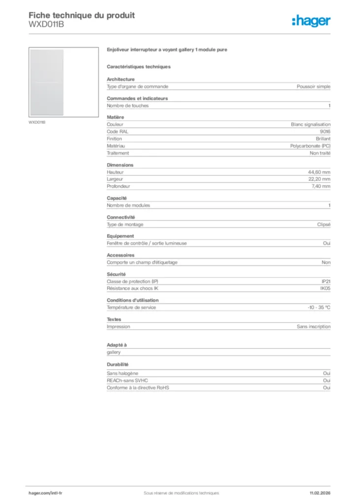 Image Hager Fiche technique du produit WXD011B | Hager Afrique