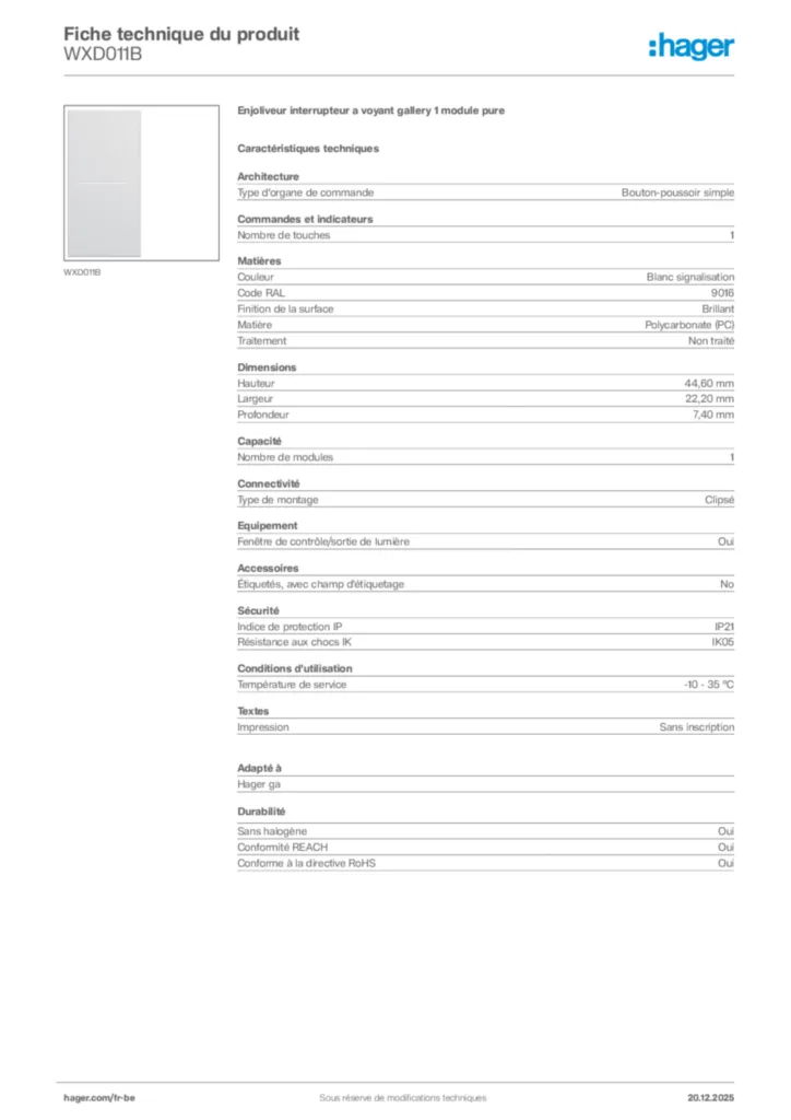 Image Hager Fiche technique du produit WXD011B | Hager Belgique