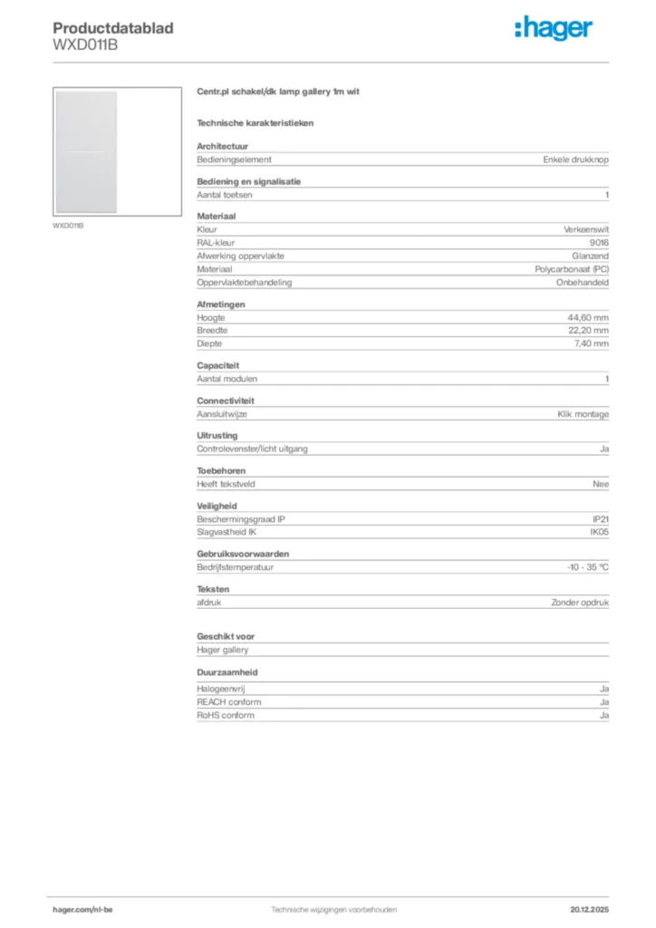 Afbeelding Hager Productdatablad WXD011B | Hager Belgium