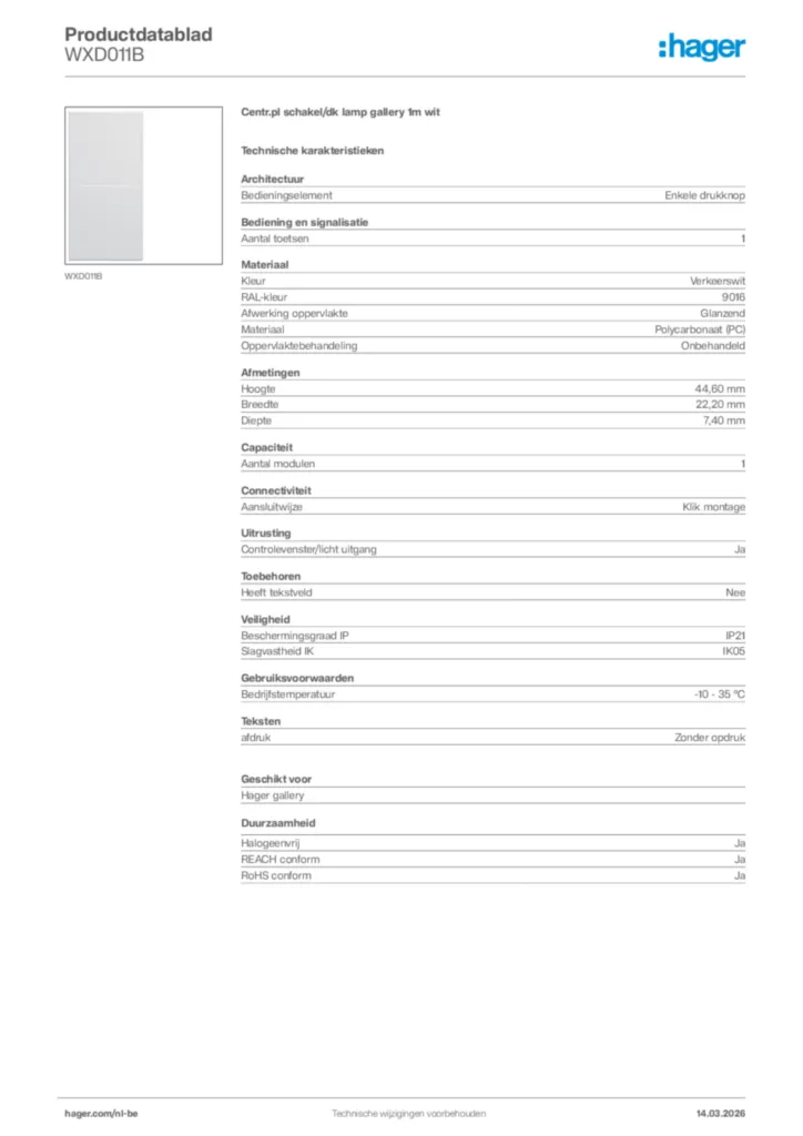 Afbeelding Hager Productdatablad WXD011B | Hager Belgium