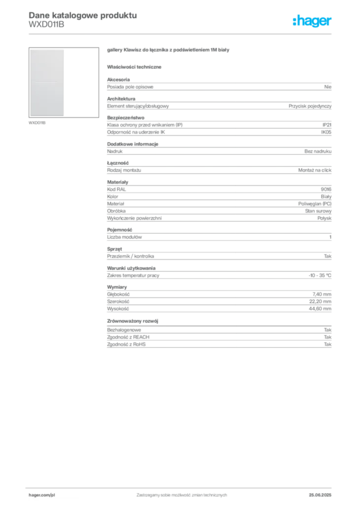 Zdjęcie Hager Dane katalogowe produktu WXD011B | Hager Polska