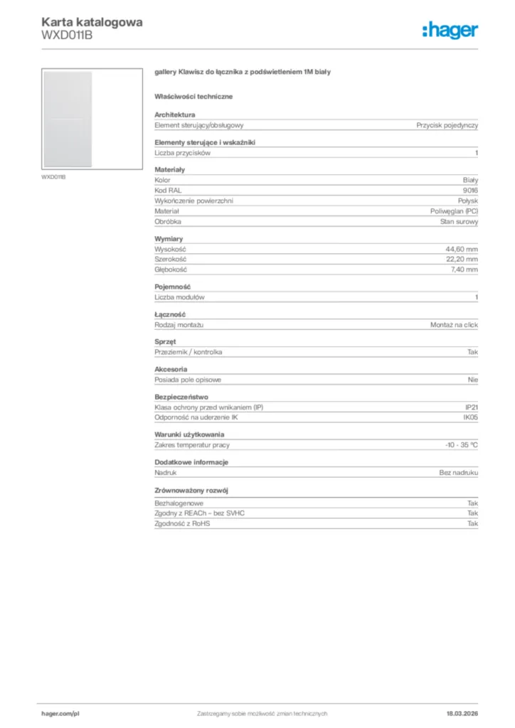 Zdjęcie Hager Karta katalogowa WXD011B | Hager Polska