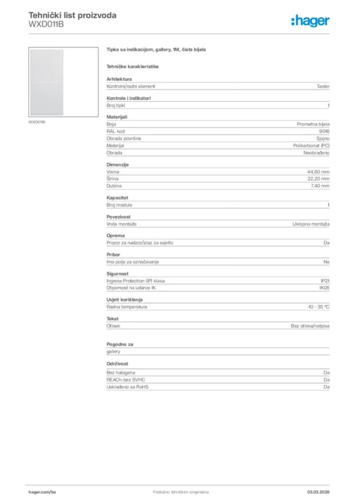Slika Hager Tehnički list proizvoda WXD011B  | Hager