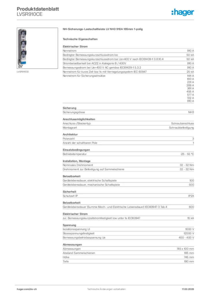 Bild Hager Produktdatenblatt LVSR910CE | Hager Schweiz