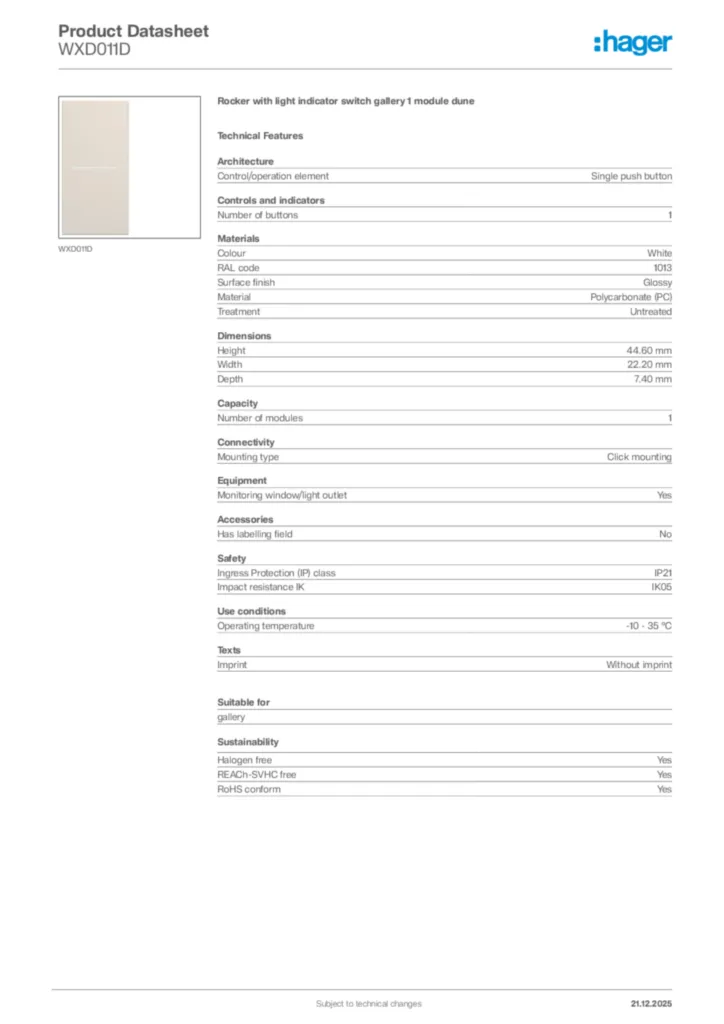 Image Hager Product data sheet WXD011D  | Hager Africa