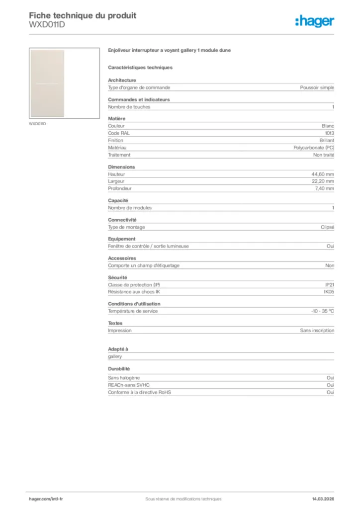 Image Hager Fiche technique du produit WXD011D | Hager Afrique