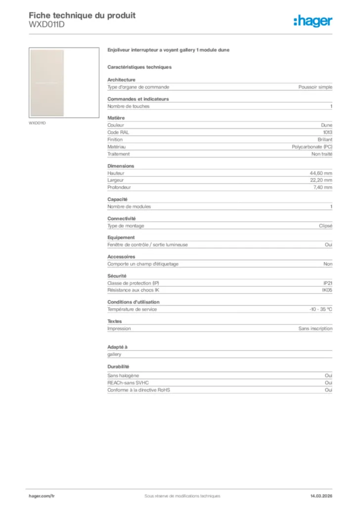 Image Hager Fiche technique du produit WXD011D | Hager France