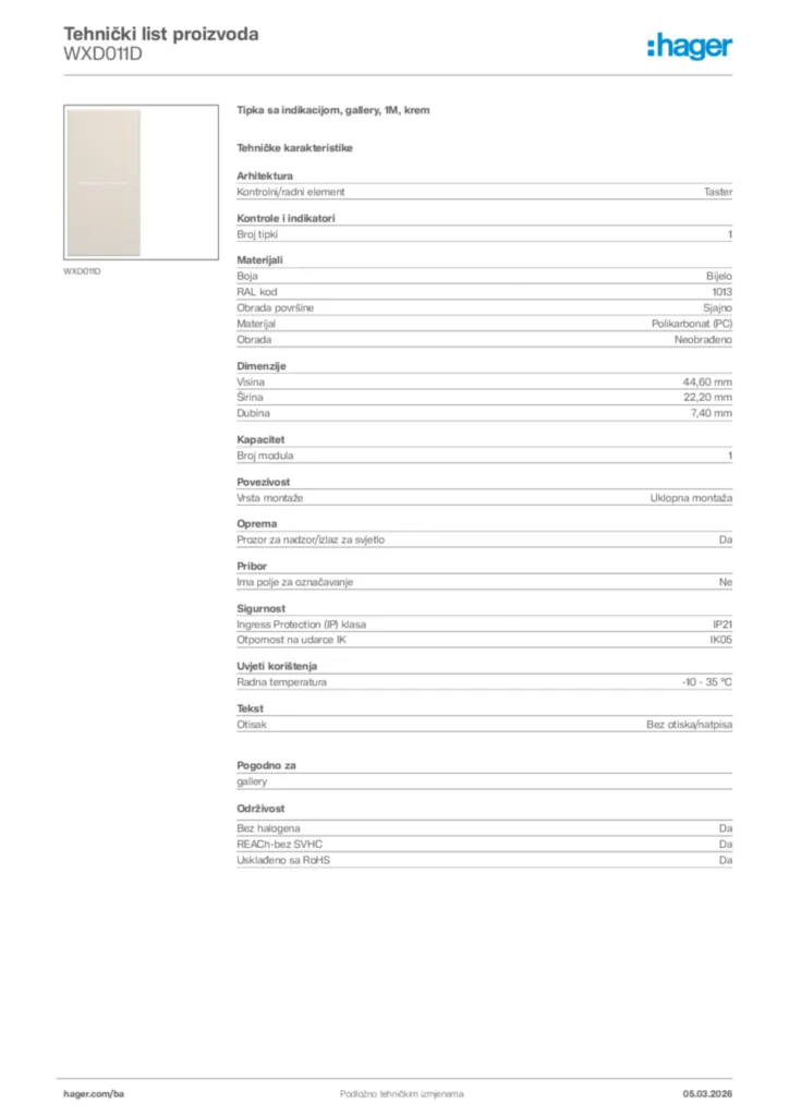 Slika Hager Tehnički list proizvoda WXD011D  | Hager