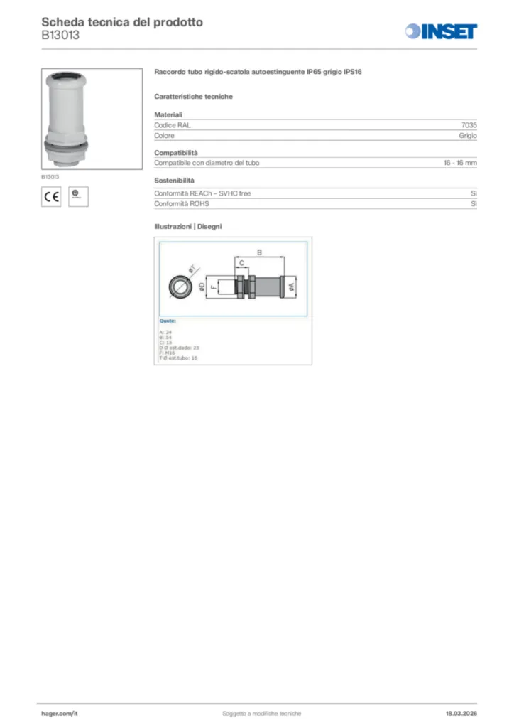 Immagine Inset Scheda tecnica del prodotto B13013 | Hager Italia