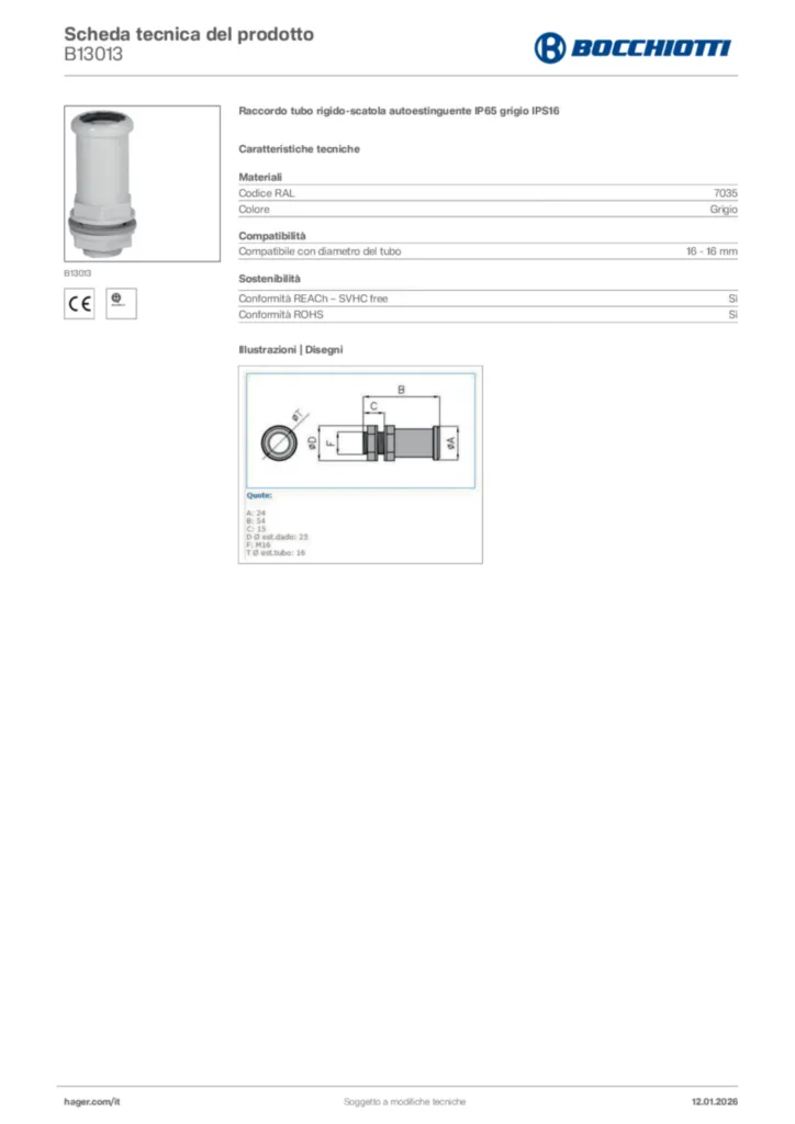 Immagine Bocchiotti Scheda tecnica del prodotto B13013 | Hager Italia