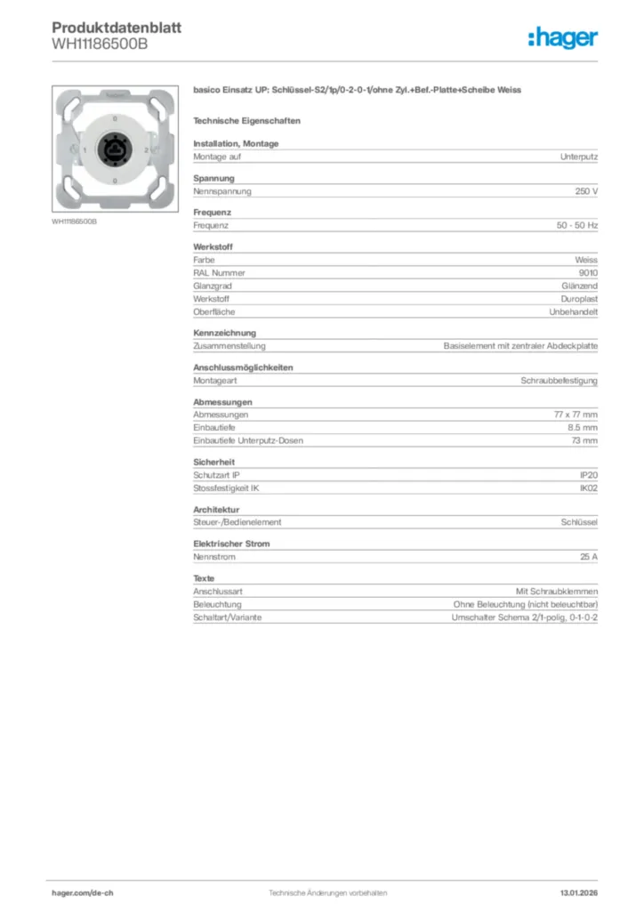 Bild Hager Produktdatenblatt WH11186500B | Hager Schweiz