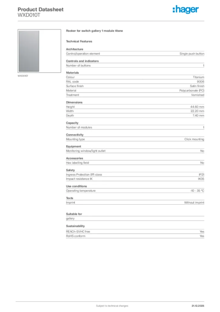 Image Hager Product data sheet WXD010T  | Hager Africa