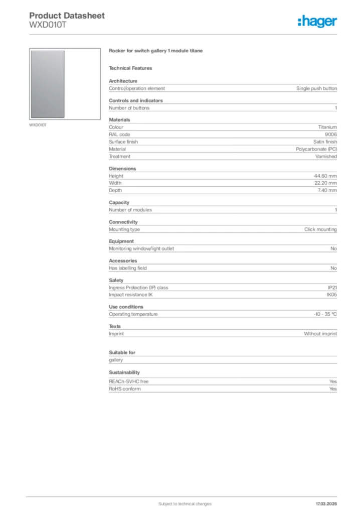 Image Hager Product data sheet WXD010T  | Hager Africa