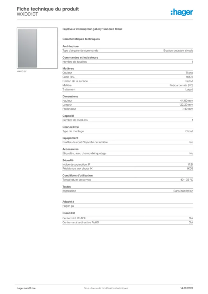 Image Hager Fiche technique du produit WXD010T | Hager Belgique