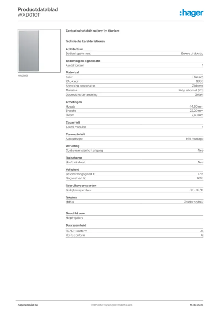 Afbeelding Hager Productdatablad WXD010T | Hager Belgium