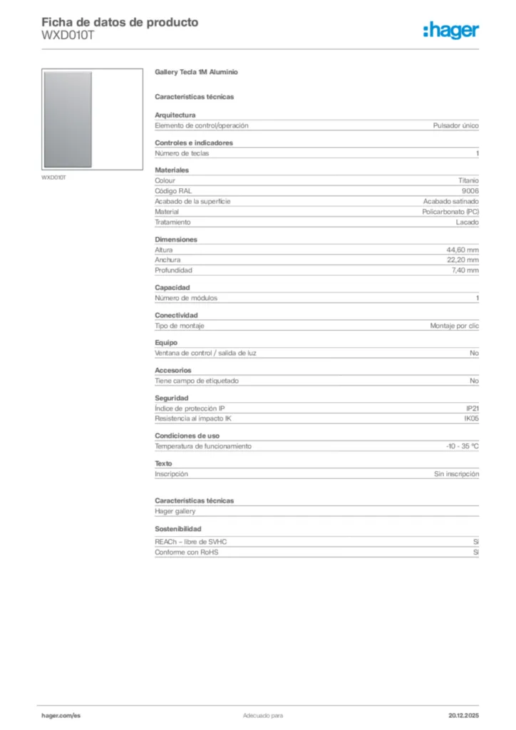 Imagen Hager Ficha de datos de producto WXD010T | Hager España