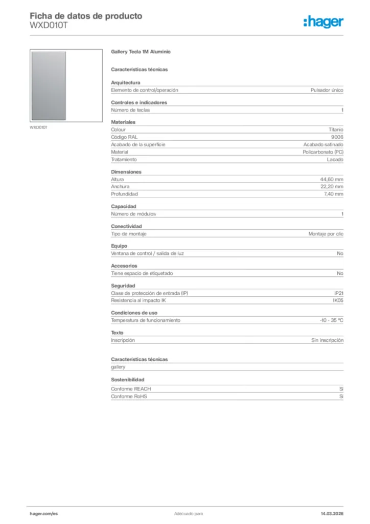 Imagen Hager Ficha de datos de producto WXD010T | Hager España