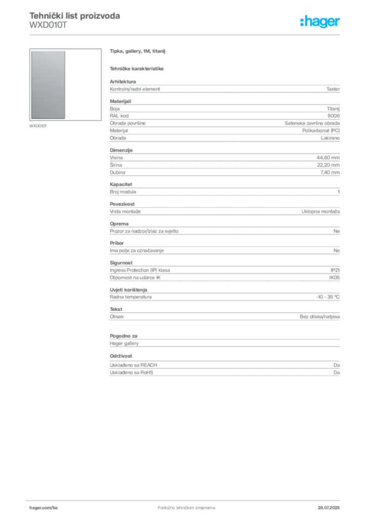Slika Hager Product data sheet WXD010T  | Hager
