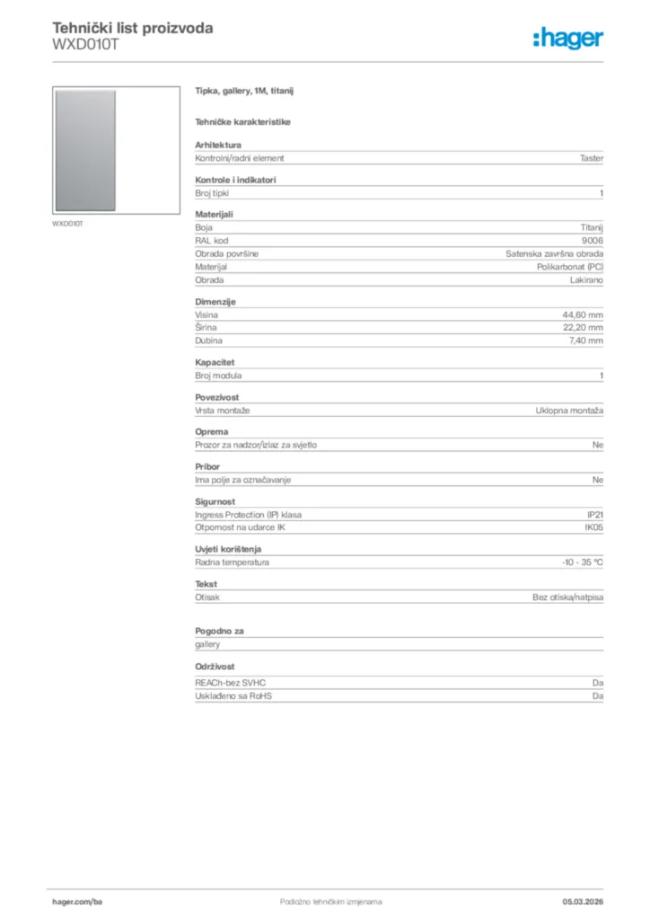 Slika Hager Tehnički list proizvoda WXD010T  | Hager