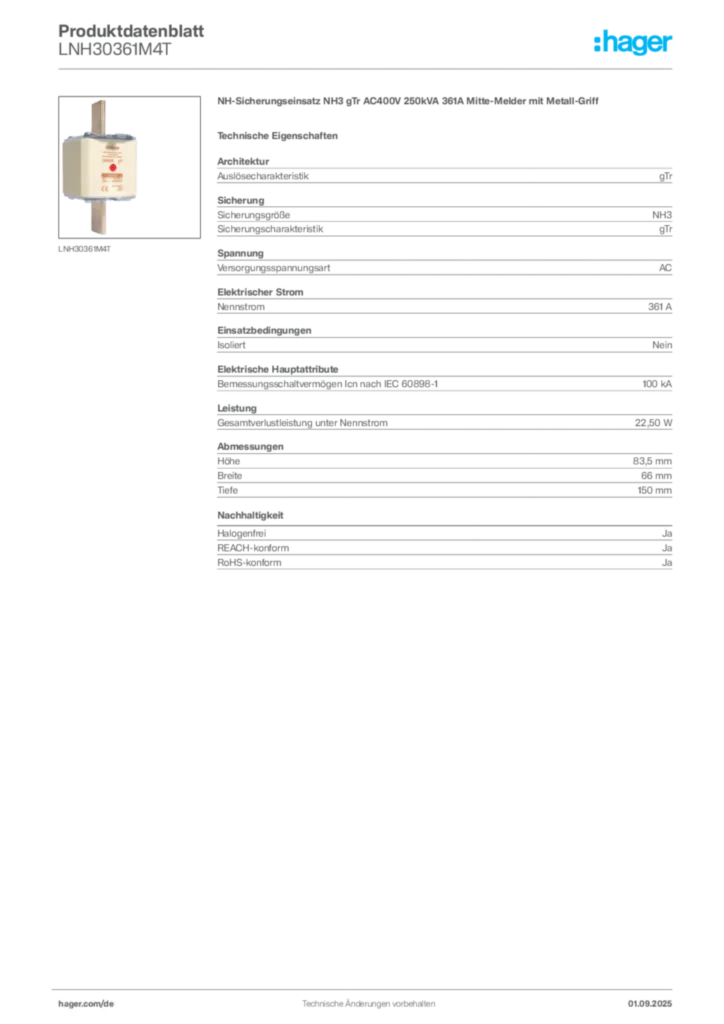 Bild Hager Produktdatenblatt LNH30361M4T | Hager Deutschland